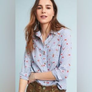 Maeve Anthropologie Embroidered Button Down Flower Blue and White Button Down